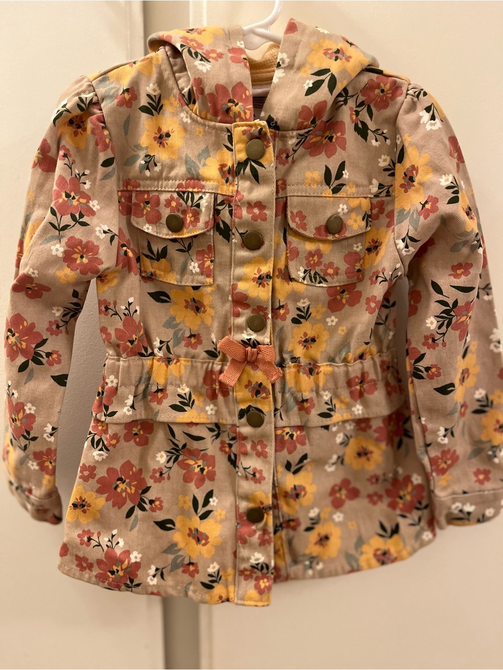 Little Lass Girls Tan Floral Hooded Jacket - Snap Front Size 5